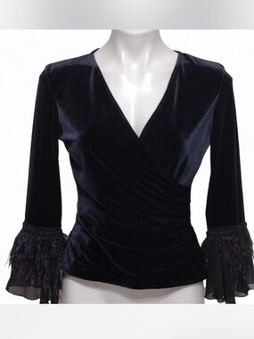 Cachet Black Velvet Wrap Top with Feathered Bell Sleeves